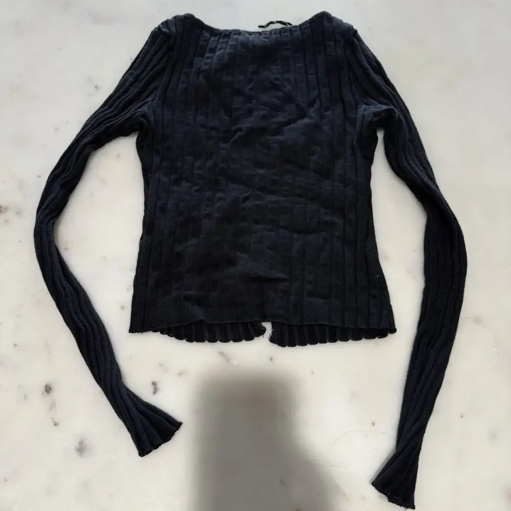 Free People XS Tilly Long-Sleeve Cardi Blouse Top Knit Ribbed Buttondown Black